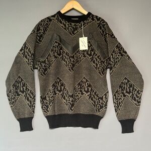 Vintage Chartwell Mens Large Geometric Sweater Leather Trim Black Tan Deadstock